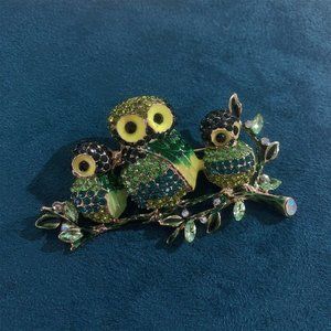 Green Owls Rhinestone Pin Broach